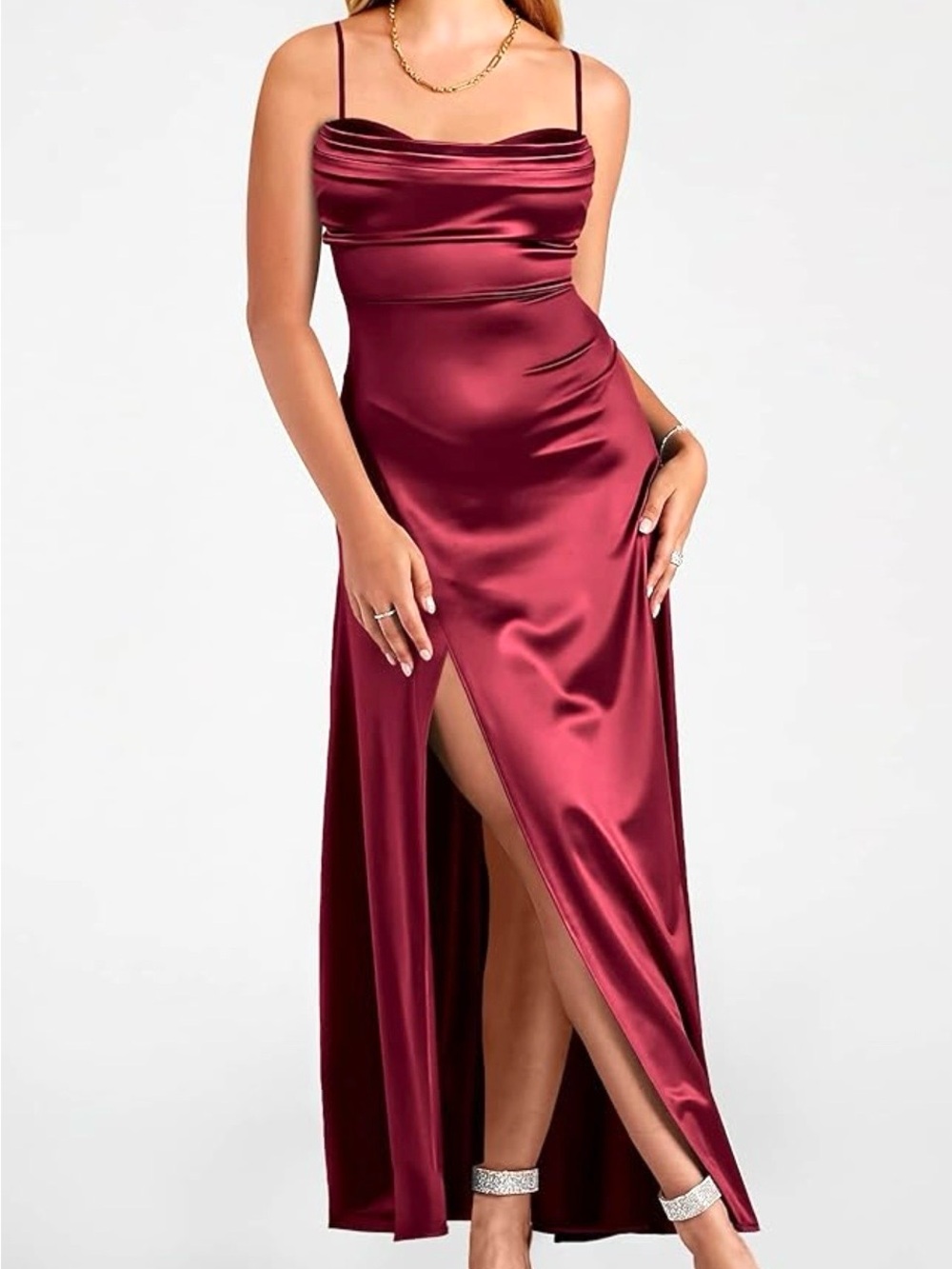 Cowl Neck Burgundy Satin Maxi Dress with Thigh Slit